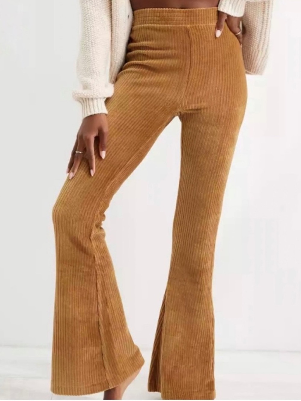 Aerie Groove On Ribbed Velour Flare Pants NWT size XS Golden Tan Pull On